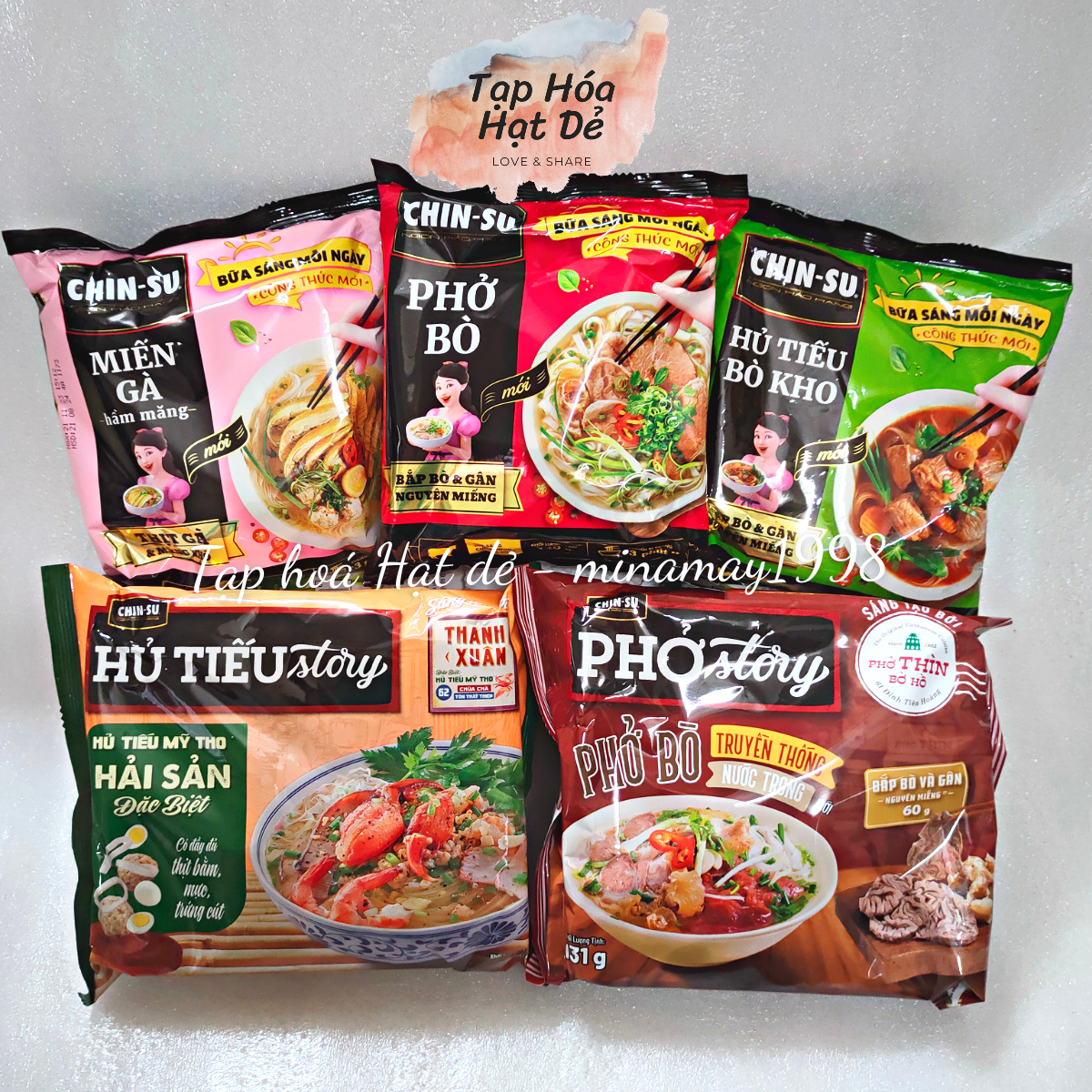 Bộ 5 gói bữa sáng Chinsu hoàn chỉnh (Phở bò, miến gà, hủ tiếu bò kho, phở Thìn bờ hồ, hủ tiếu hải sản)