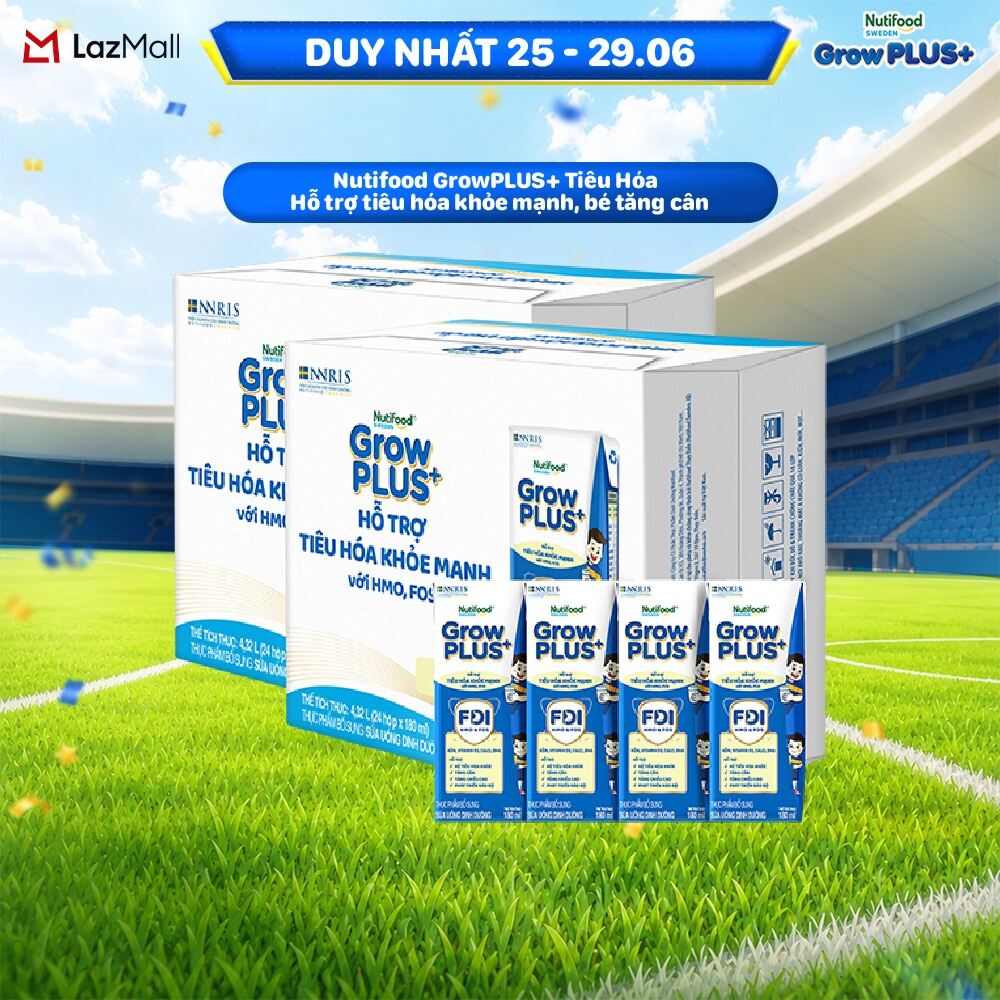 Sữa bột pha sẵn Nutifood Sweden GrowPLUS+ Tiêu Hóa (Xanh Nhạt) - Hỗ trợ tiêu hóa khỏe mạnh, bé tăng cân (48 hộp x 180ml)