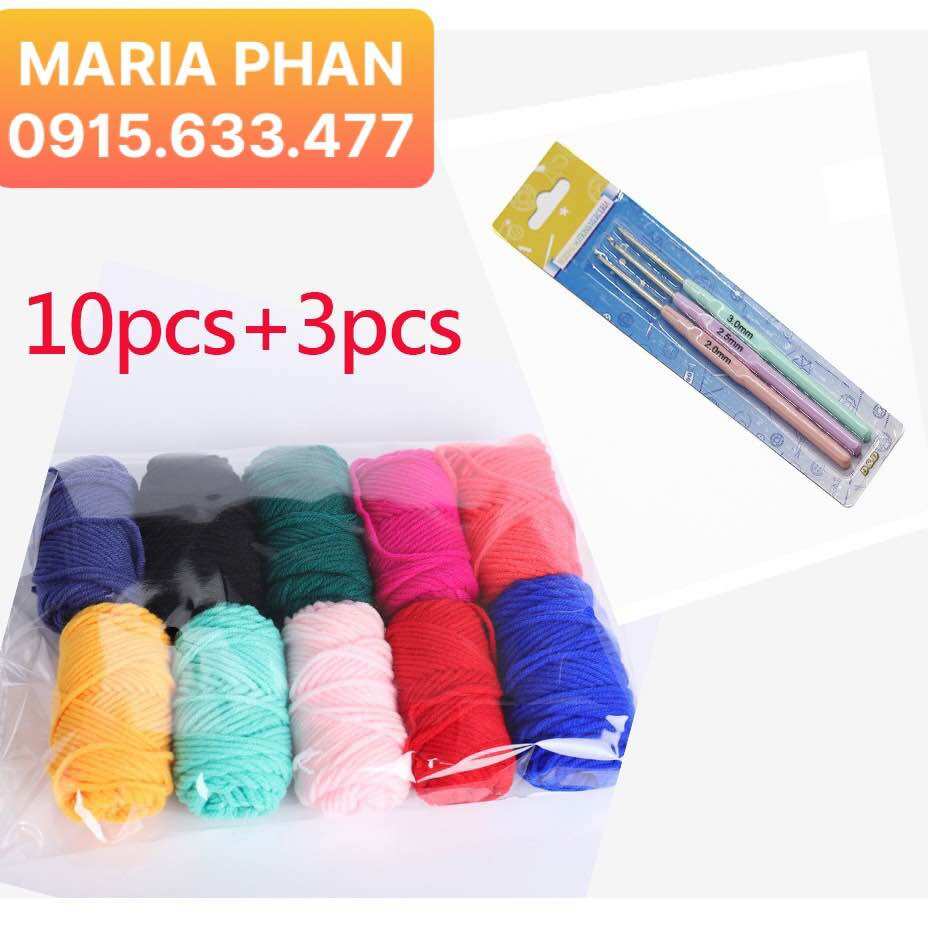 Bộ 10 cuộn len và 3 cây kim móc