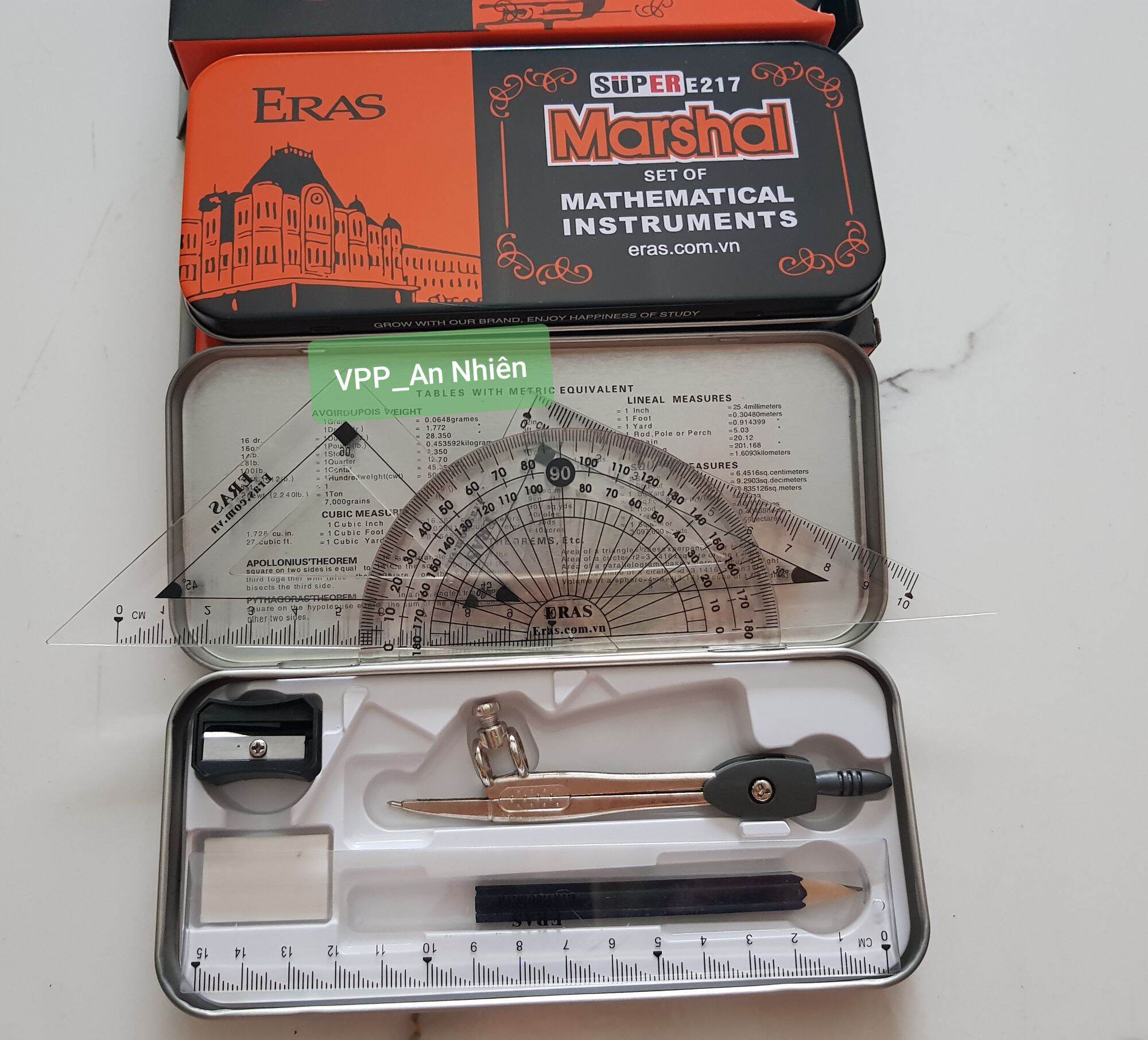 Bộ Compa Eke Thước kẻ Eras hộp sắt - Bộ thước 8 món cao cấp
