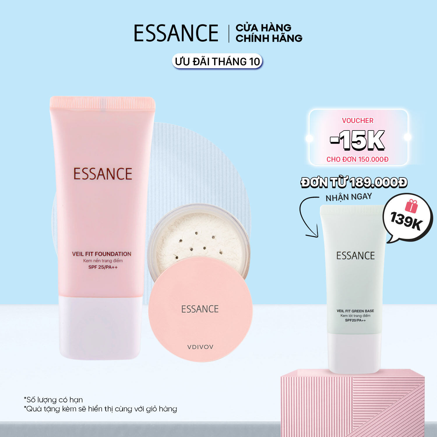 Combo Kem nền bền màu che khuyết điểm toàn diện Essance Veil Fit Foundation SPF25 PA++ 30ml và Phấn phủ kiềm dầu dạng bột đa năng Essance Setting Powder 7g