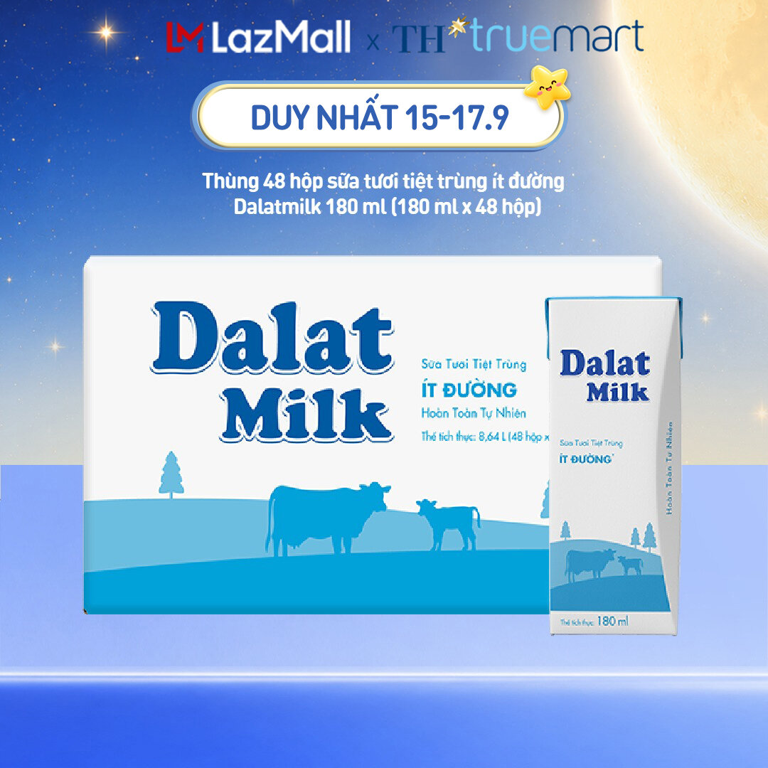 Thùng 48 hộp sữa tươi tiệt trùng Dalatmilk ít đường 180 ml (180 ml x 48)