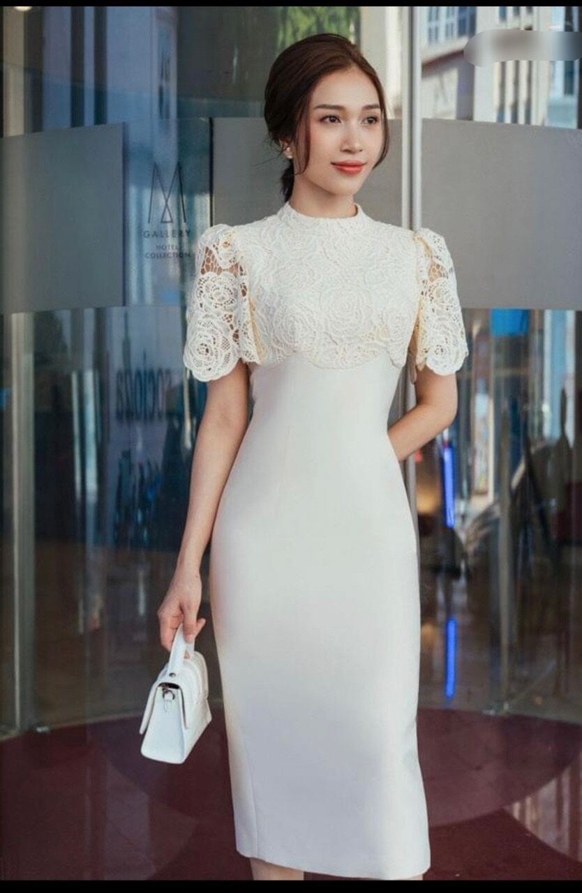 Đầm midi Topshop trắng phối ren