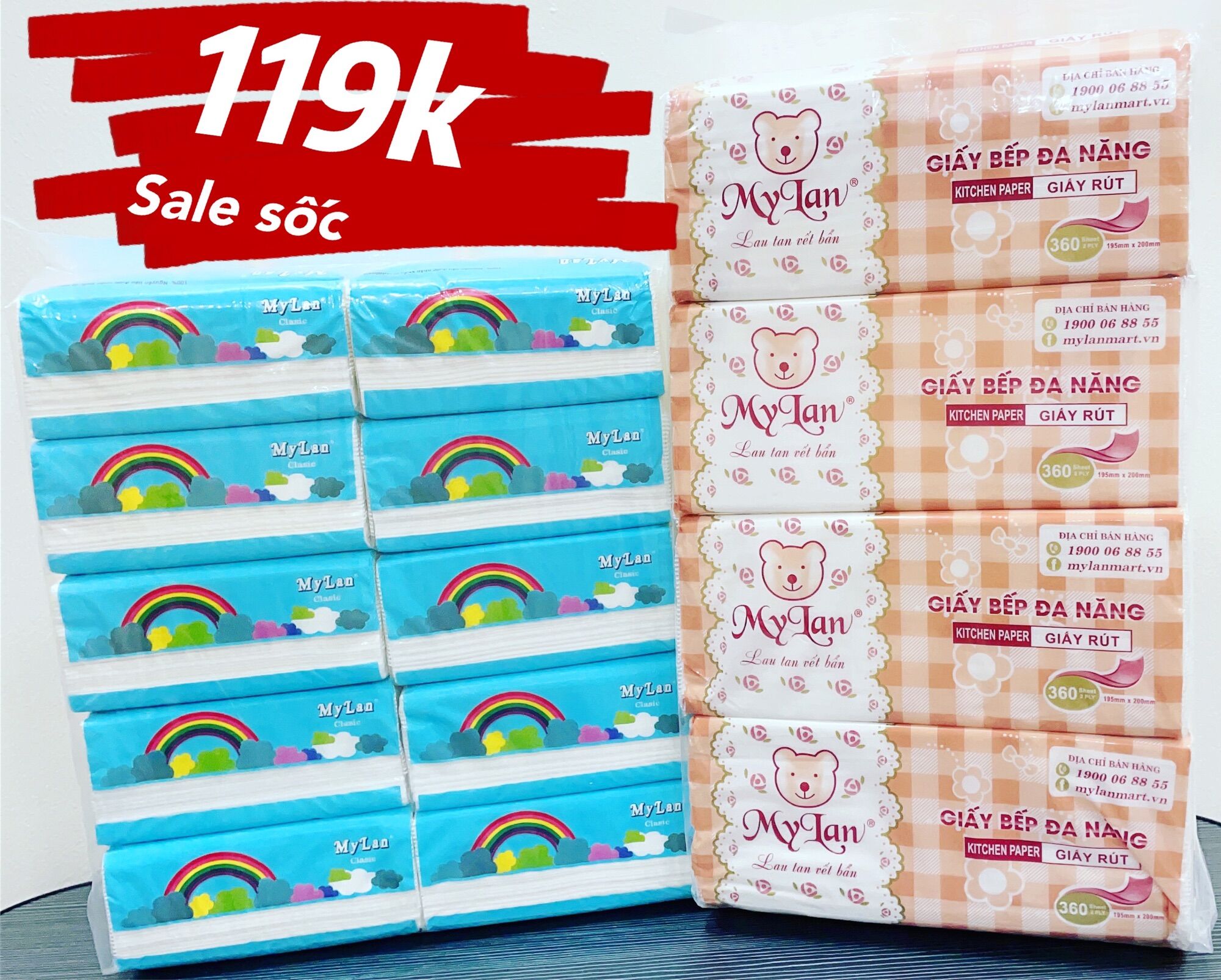 Rẻ vô địch 10 bịch giấy rút cầu vồng + 4 bịch giấy lau bếp đa năng my lan
