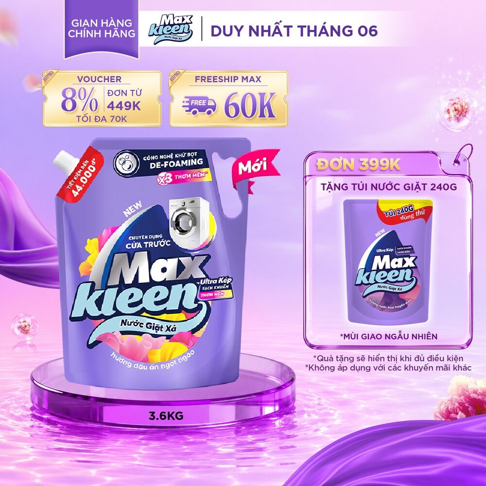 Nước giặt xả cho máy giặt cửa trước MaxKleen hương Dấu Ấn Ngọt Ngào 3.6kg