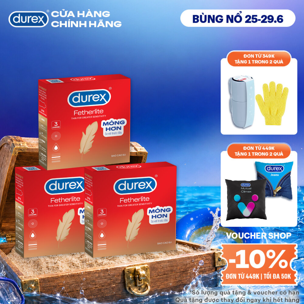Bộ 3 hộp bao cao su Durex Fetherlite siêu mỏng, size 52.5mm, 3 bao/hộp