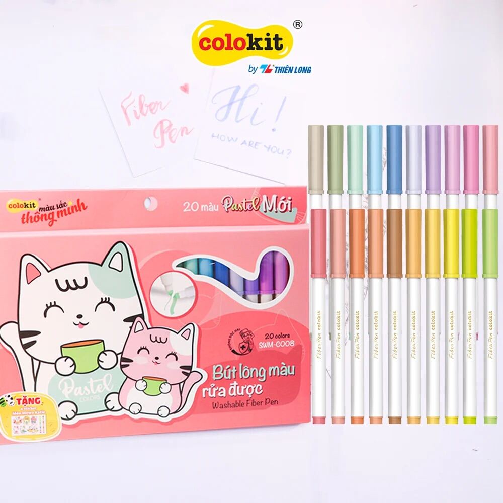 Bút lông 20 màu rửa được tặng kèm 6 sticker mèo mewy katie