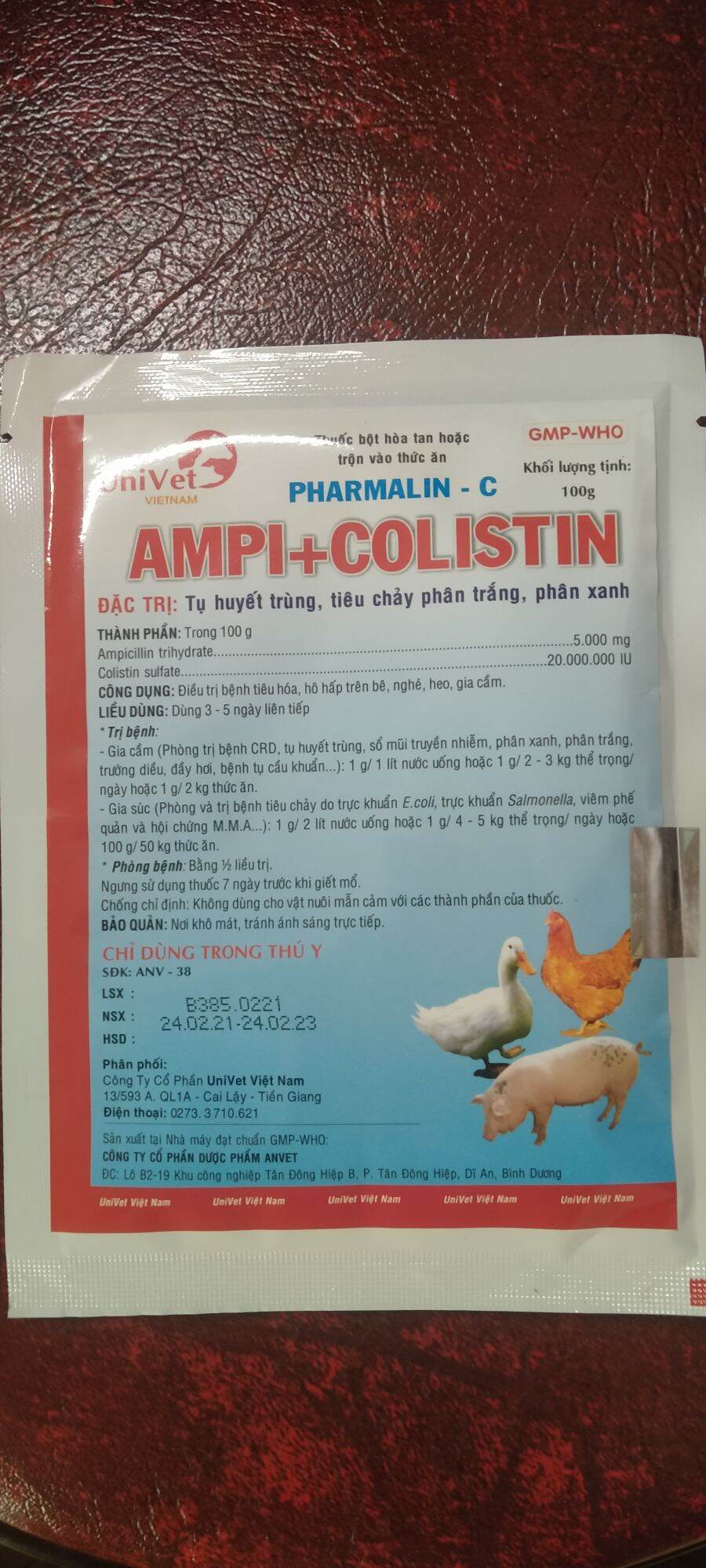 gà vịt bị phân trắng phân xanh, cảm sốt bỏ ăn ampicoli 100gr