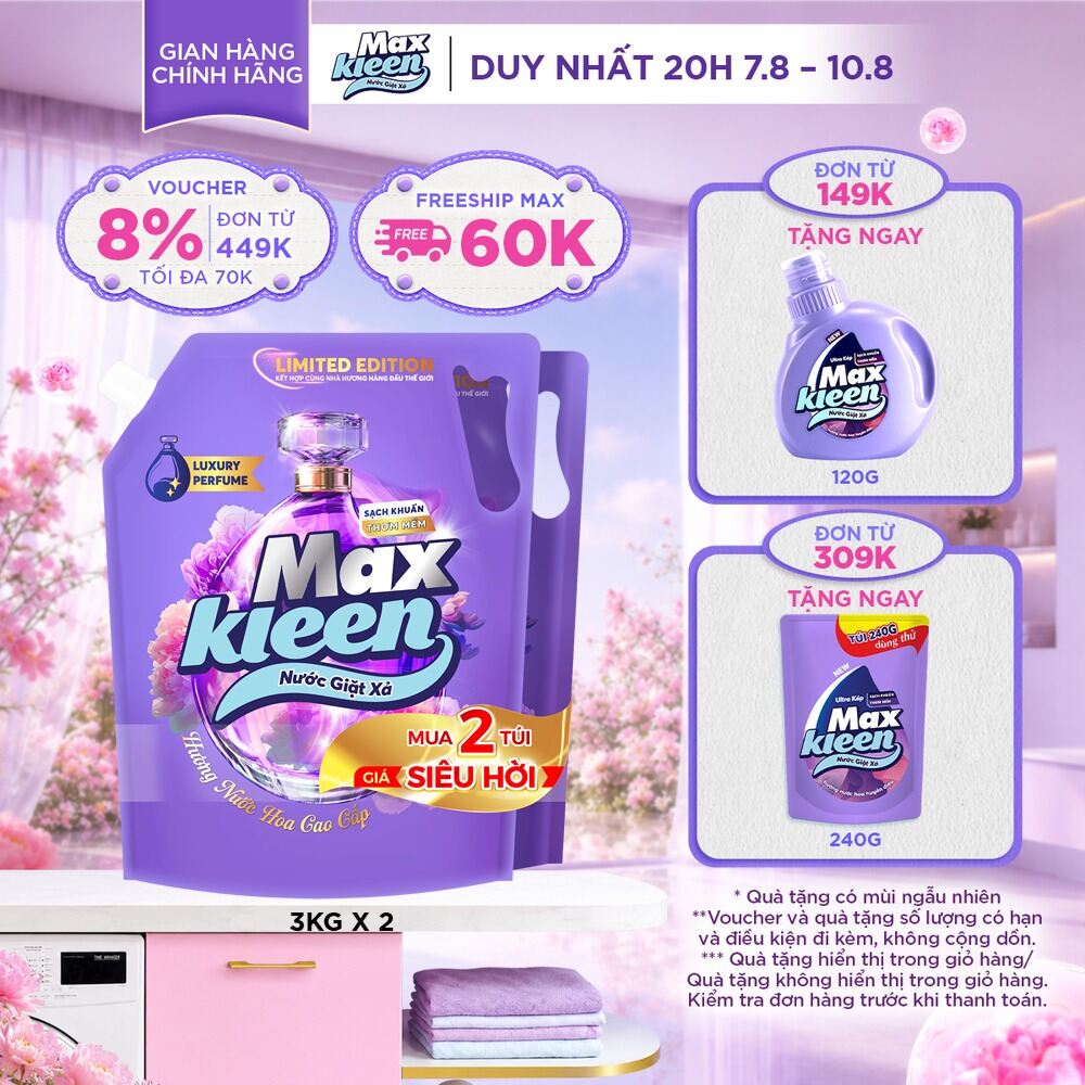 [MỚI RA MẮT] Combo Nước giặt xả MaxKleen Hương nước hoa cao cấp 3kgx2 – Phiên bản giới hạn mới.