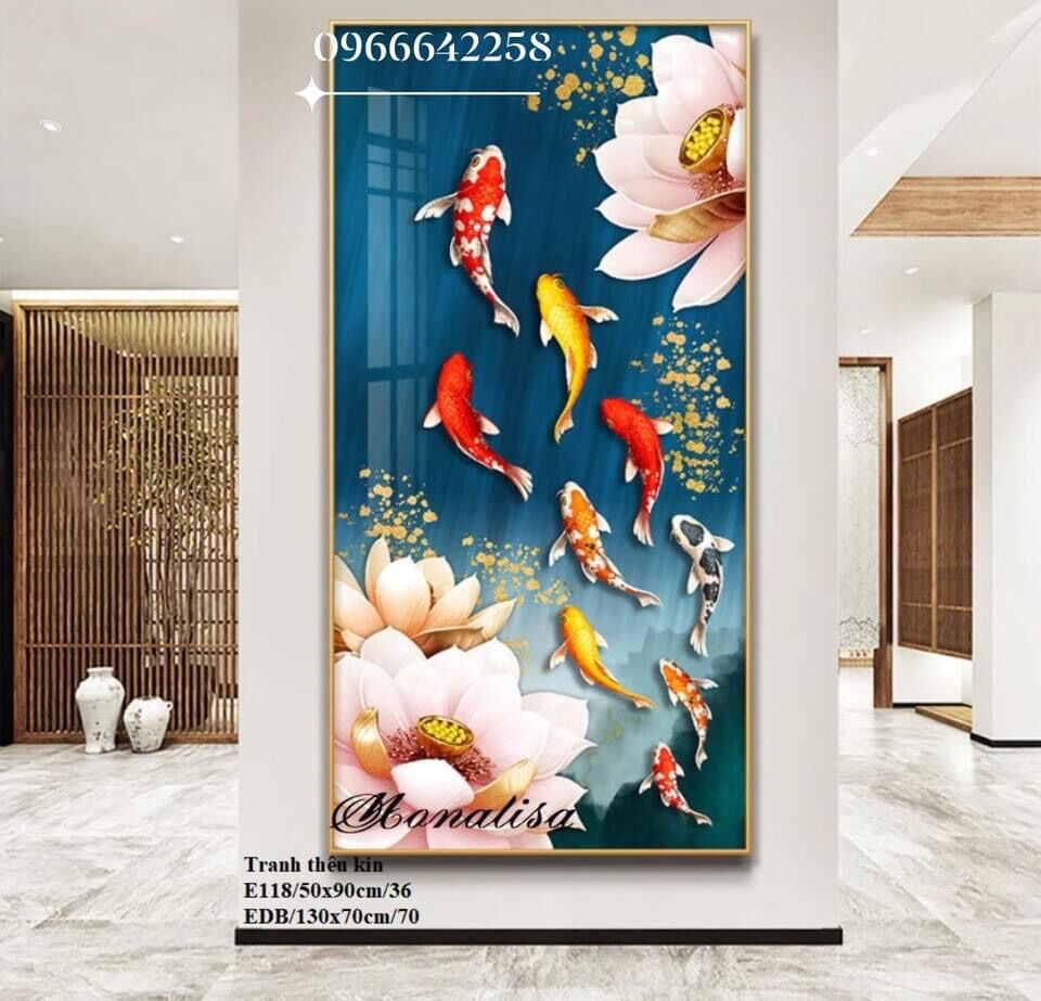 Tranh thêu chữ thập EDB118 cá chép vượt vũ môn 70x130 cm thêu kín