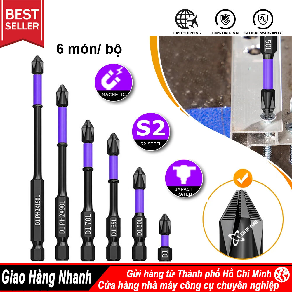 Bộ 6 Mũi vặn Vít Mũi Bắt Vít Đầu Chống Trượt PH2 Chân Lục Giác