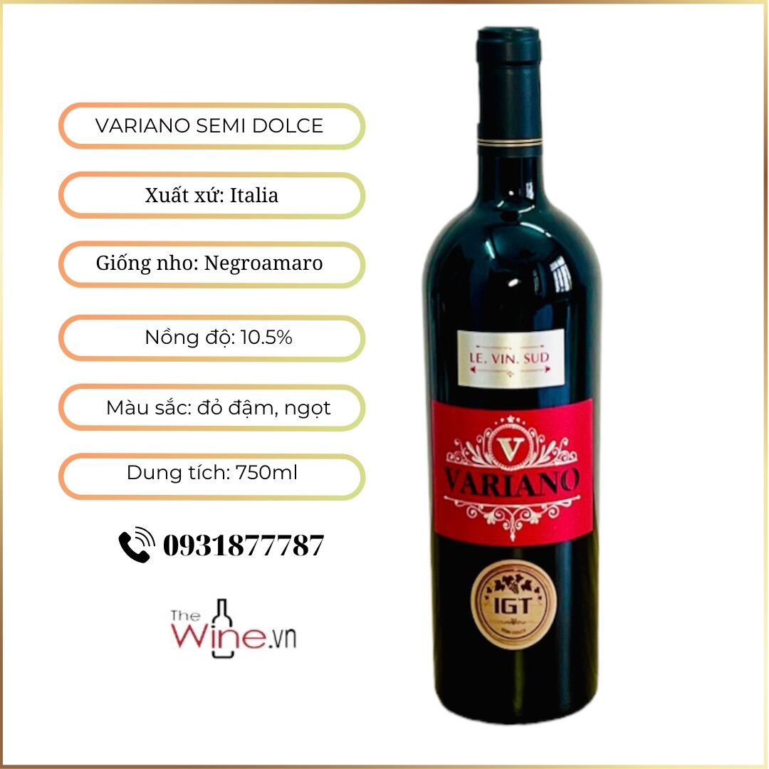 (Hộp miễn phí) Rượu vang ngọt Ý VARIANO SEMI DOLCE
