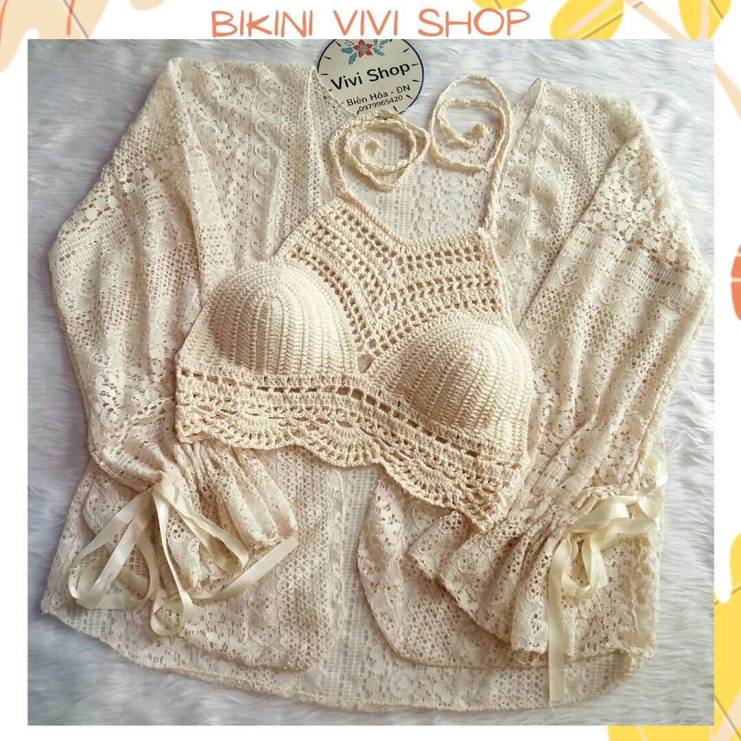 Áo len móc đi biển, bikini len đan tay dáng yếm màu kem