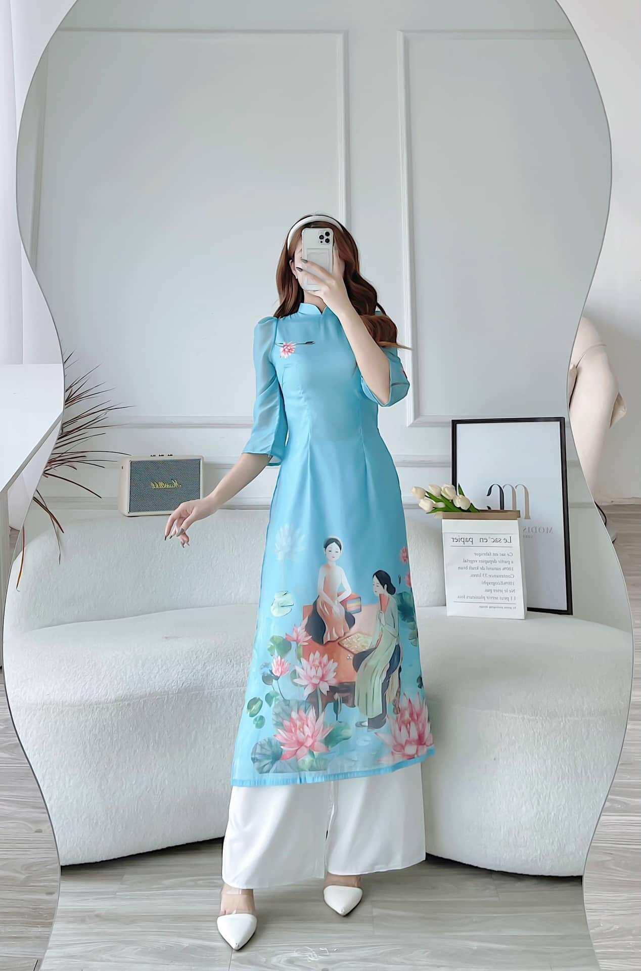 Áo dài cách tân dáng suông 4 tà chất tơ óng