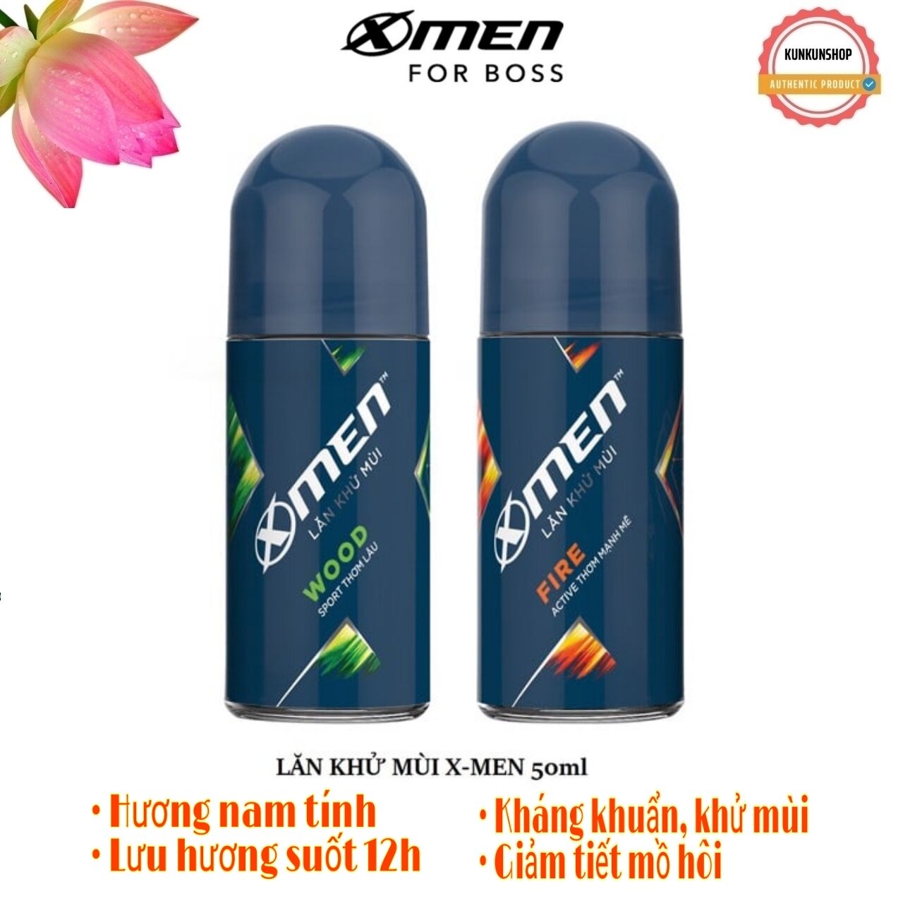 Lăn khử mùi X-Men Hương Wood , Fire new 50ml Tặng gói dầu gội sạch sâu 24h
