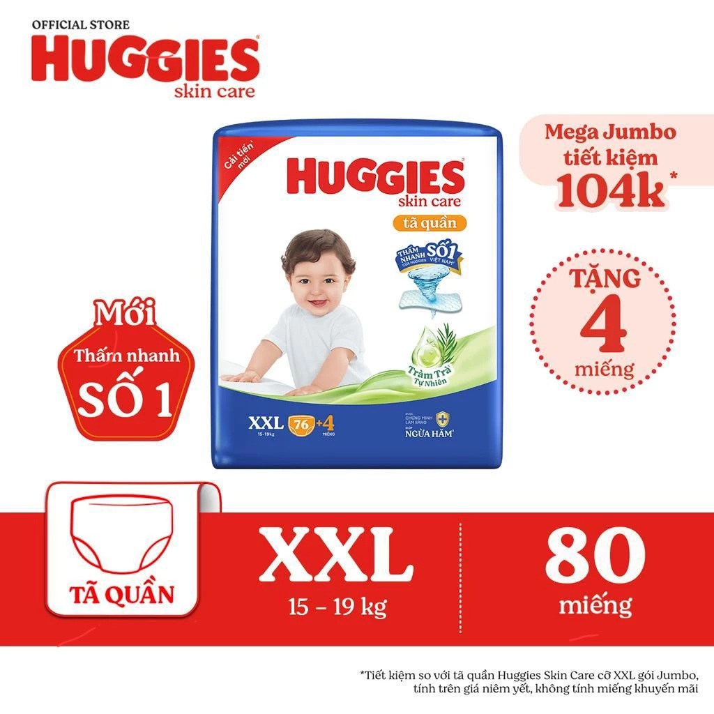 Tã quần huggies skin phiên bản cải tiến mới-size xxl76 + 4 cho bé 15 -25 kg