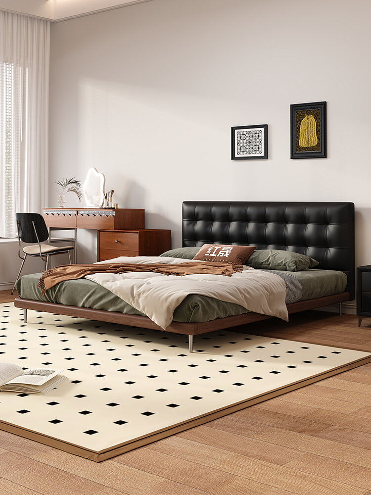 HONGSHENG | Retro Genuine Leather Bed Black Soft Upholstery Giá 26,170,000 Đồng*Miễn phí vận chuyển