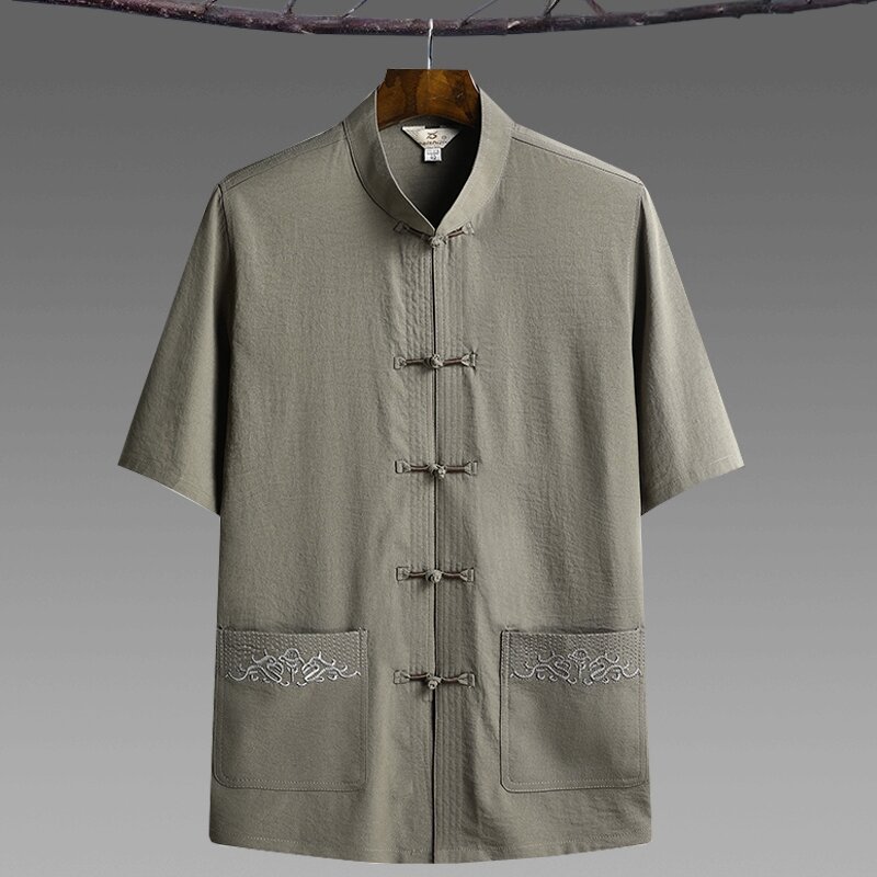 Trang Phục Thời Đường Cho Người Trung Niên Và Già Bộ Đồ Áo Sơ Mi Cotton Lanh Tay Ngắn Cho Nam Trang Phục Thái Cực Quyền Kiểu Trung Quốc Mùa Hè Cho Bố Hán Phục Trang Phục Ông Nội Mỏng