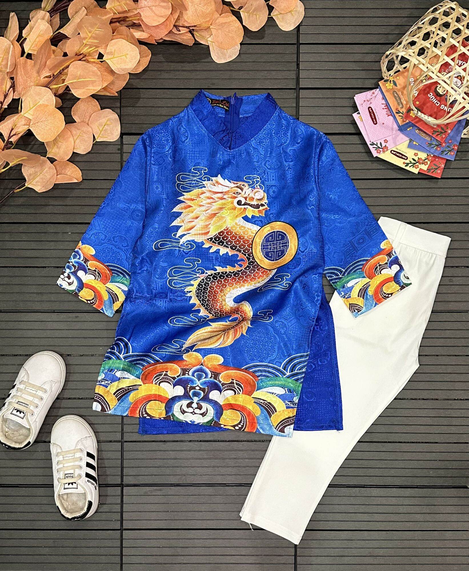 áo dài cách tân bé trai chất vải gấm