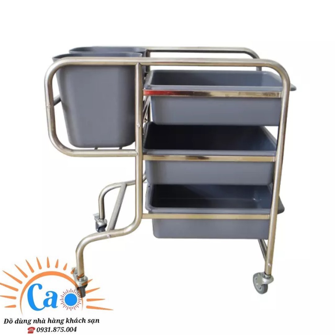 Xe đẩy thu gom chén dĩa, chất thải chân cong dùng trong nhà hàng khách sạn