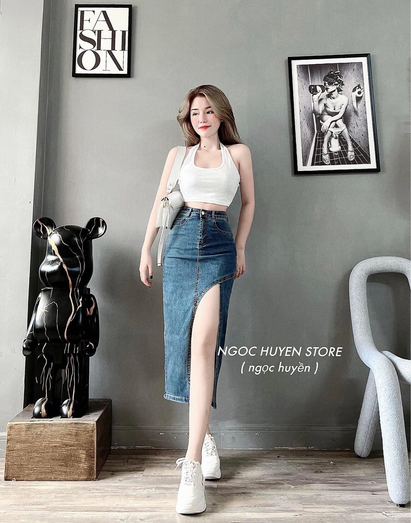 Ảnh thật (Chân váy jean áng dài co giãn xẻ gối)