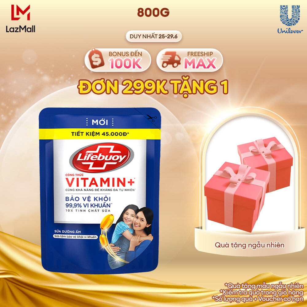 Sữa tắm Lifebuoy 800g Chăm sóc da dưỡng ẩm mềm mịn giúp bảo vệ khỏi 99.9% vi khuẩn và ngăn ngừa vi khuẩn lây lan trên da (Túi)