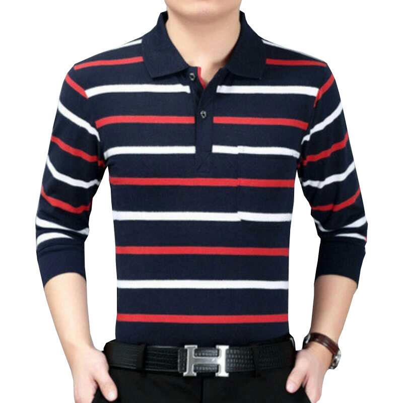 Áo Thun Dài Tay Kẻ Sọc Nam Giới Trung Niên Mùa Thu Áo Polo Cổ Bẻ Cotton Túi Thật Trang Phục Cho Bố Trung Niên Và Già Áo