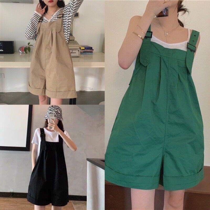Quần Sooc Yếm Kaki Xanh Hottrend Quần Yếm Đùi Ống Rộng Màu Xanh Đậm Freesize Form Rộng