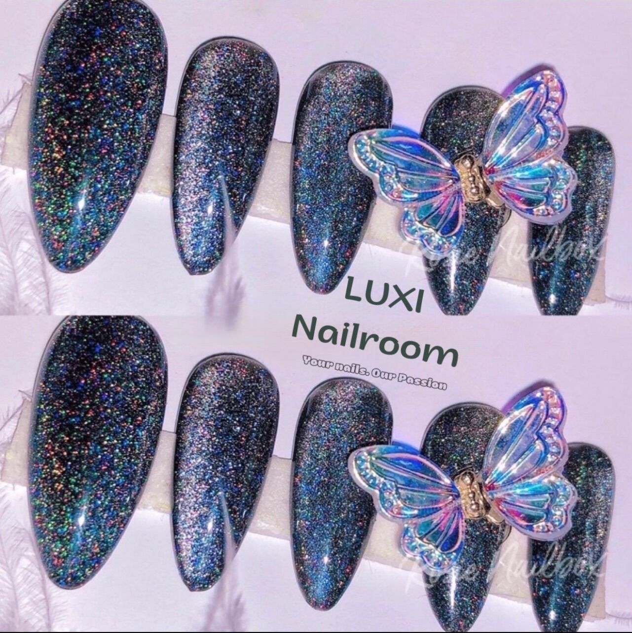 Nailbox - móng úp thiết kế mẫu sơn đen mắt mèo cầu vồng charm bướm rung rinh