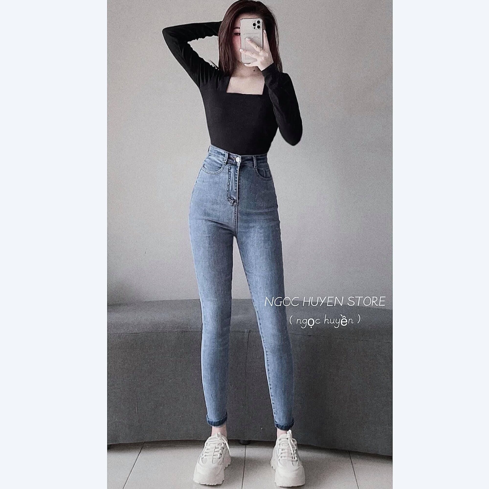 Set jeans dài lưng cao trơn + áo gân cổ vuông