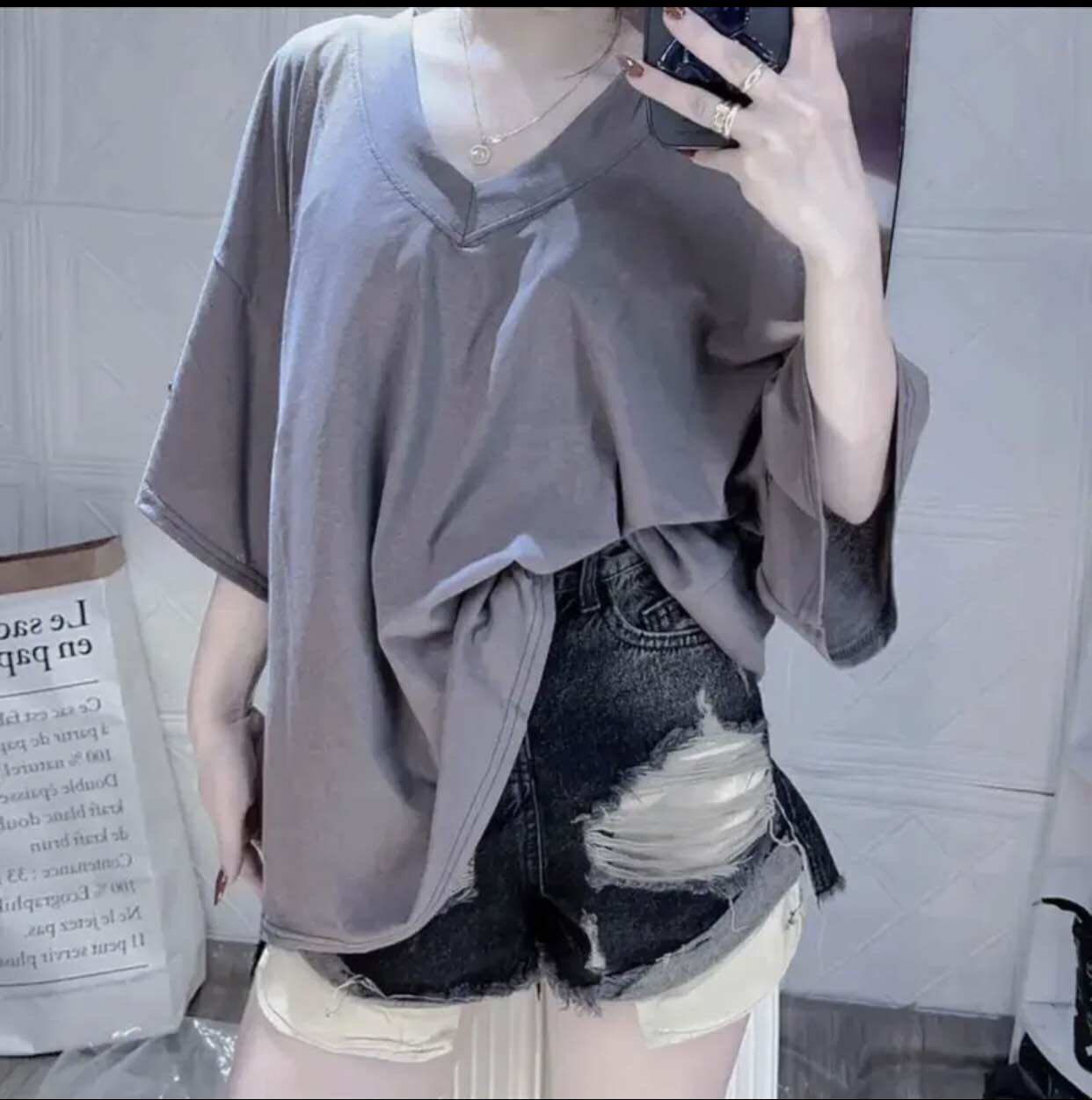 Áo Thun Giấy Cổ Tim Fom Rộng