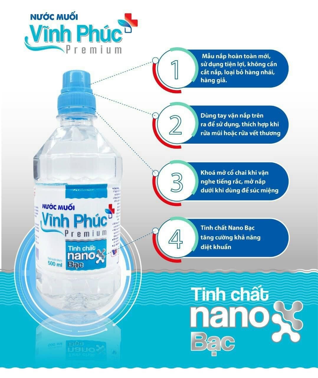 Nước muối sinh lý nano bạc vĩnh phúc 500ml nước muối súc miệng rửa mặt ngăn mụn