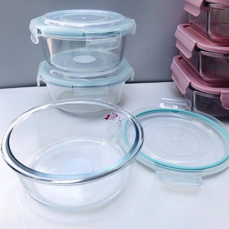 (Xả Kho) Hộp Mang Cơm Văn Phòng Tròn 620ml Nắp Xanh - Hộp Thuỷ Tinh Chịu Nhiệt, Chống Tràn - Hộp Đựng Canh, Đựng Thực Phẩm