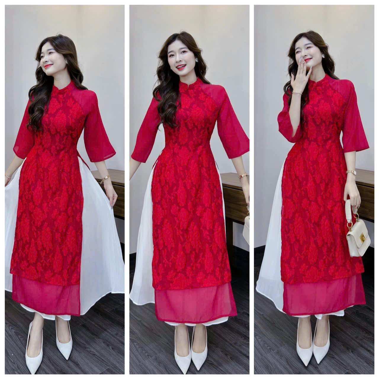 Set áo dài tay lửng gấm hoa phối váy