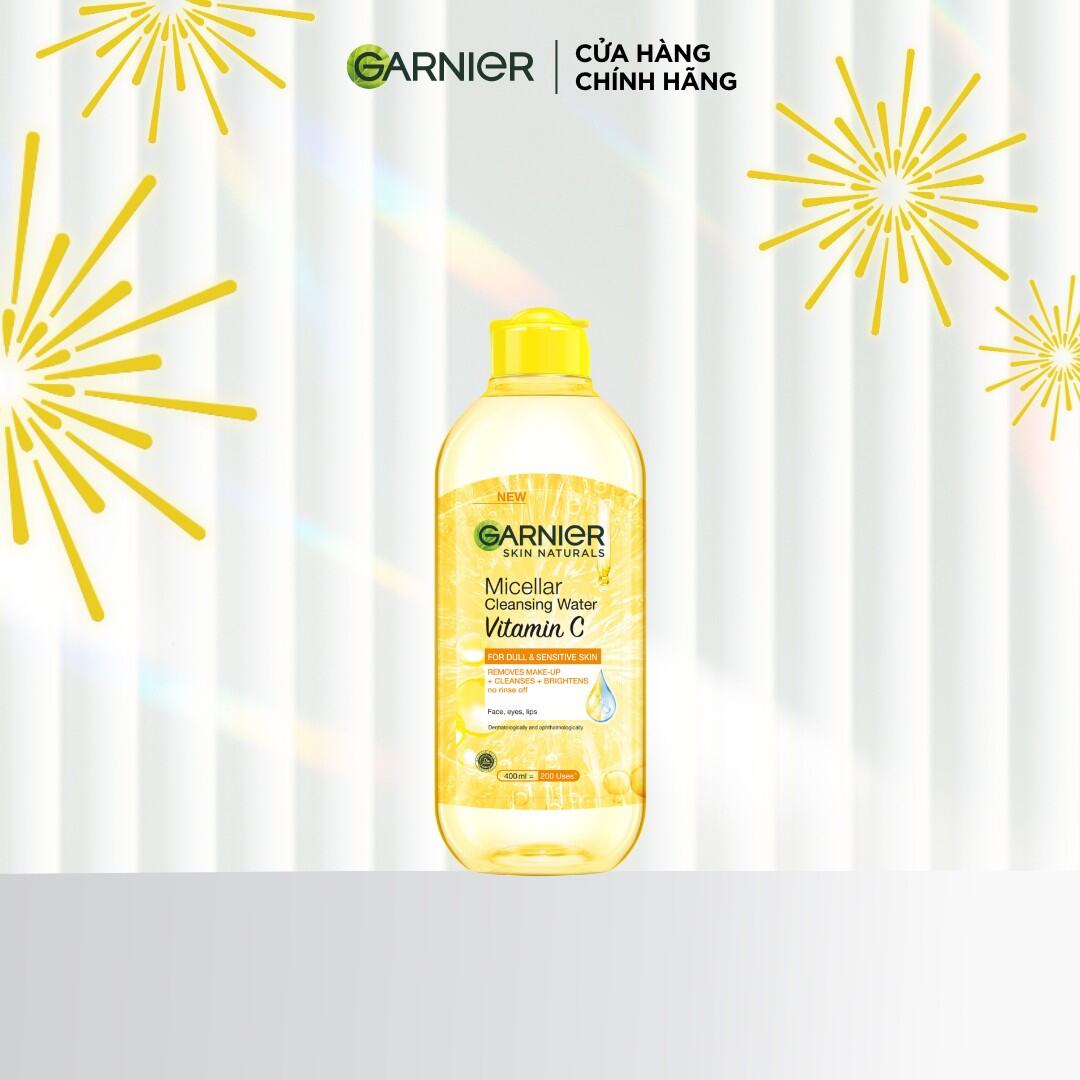 Nước tẩy trang làm sạch và tẩy trang dưỡng sáng da dành cho da sạm Garnier Micellar Cleansing Water Vitamin C 400ml (nắp vàng)