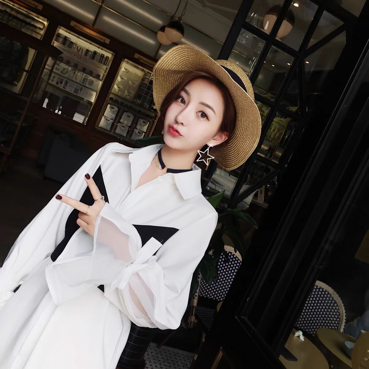 Áo sơ mi có phối dây đen quấn eo xinh t1