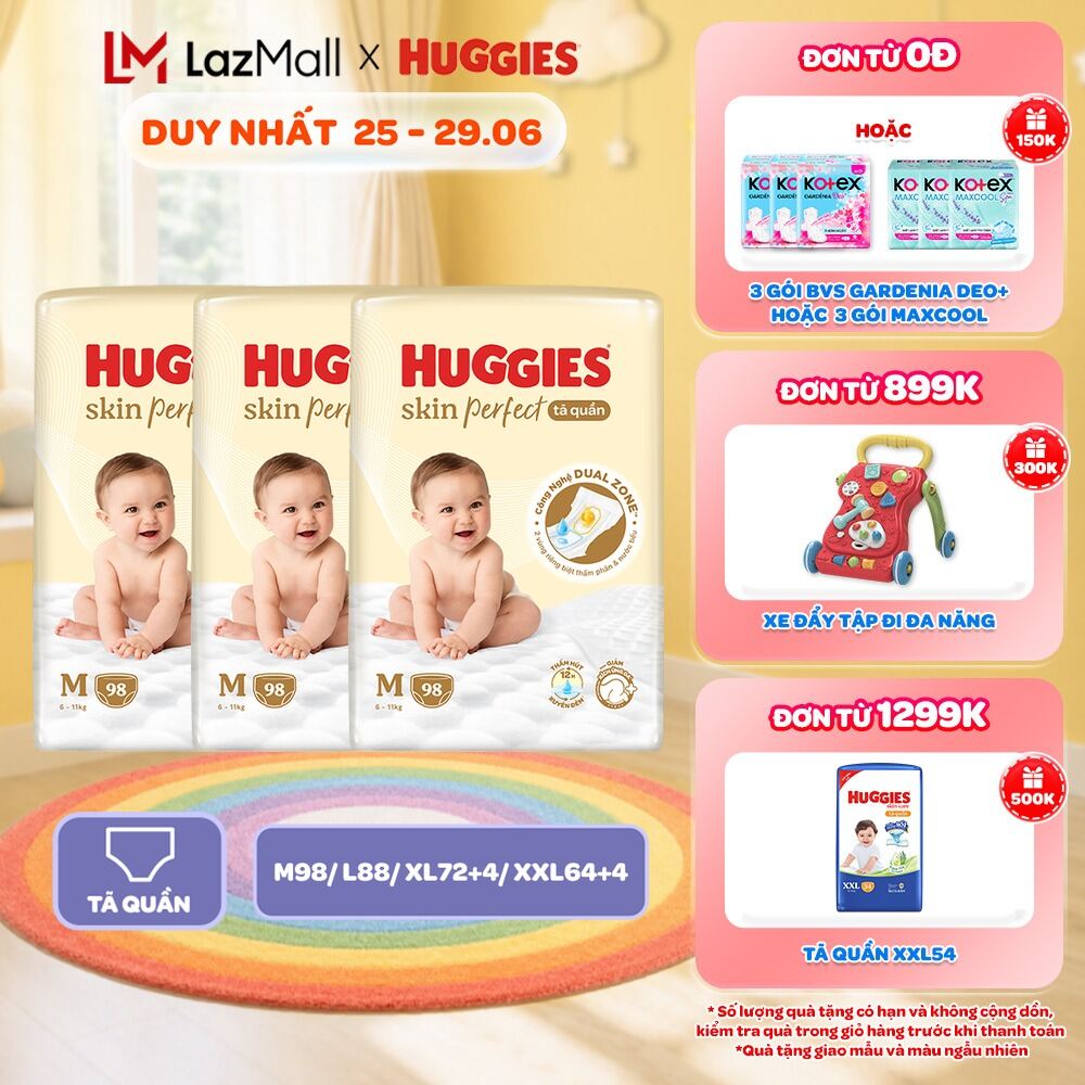 Combo 3 gói Tã quần Huggies Skin Perfect Mega Jumbo M98/L88/XL72+4/XXL64+4 miếng với 2 vùng thấm giảm kích ứng da