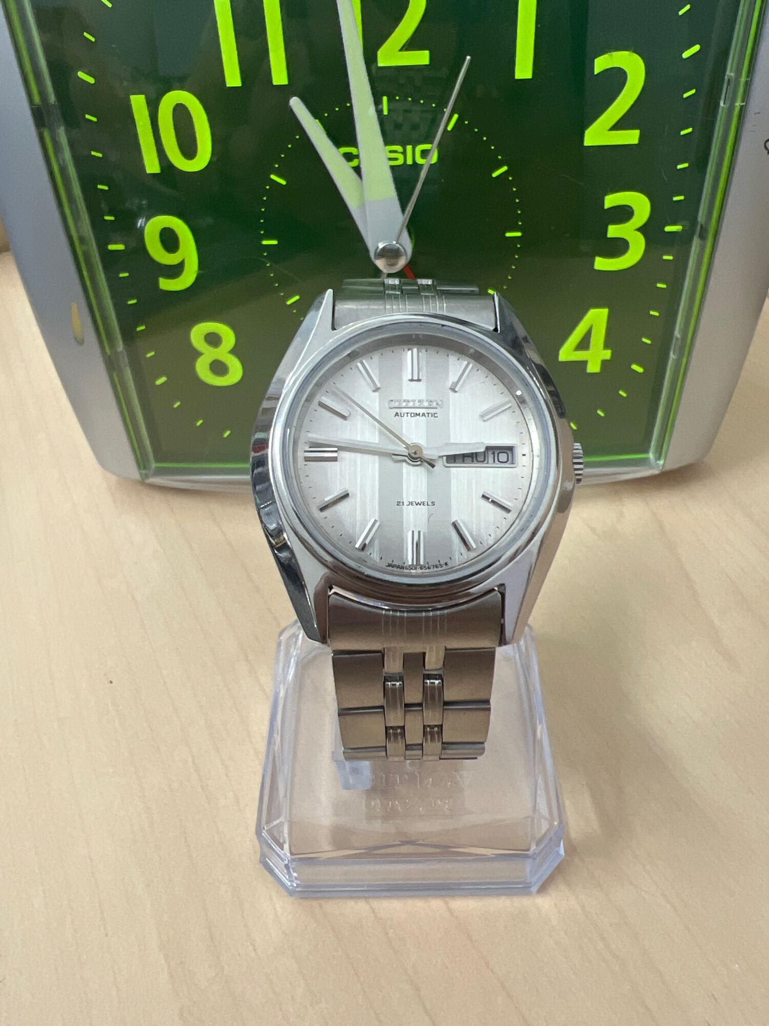 Đồng hồ cơ tự động Citizen 21jewel, mặt trắng cọc nổi, size 36mm hai ô lịch