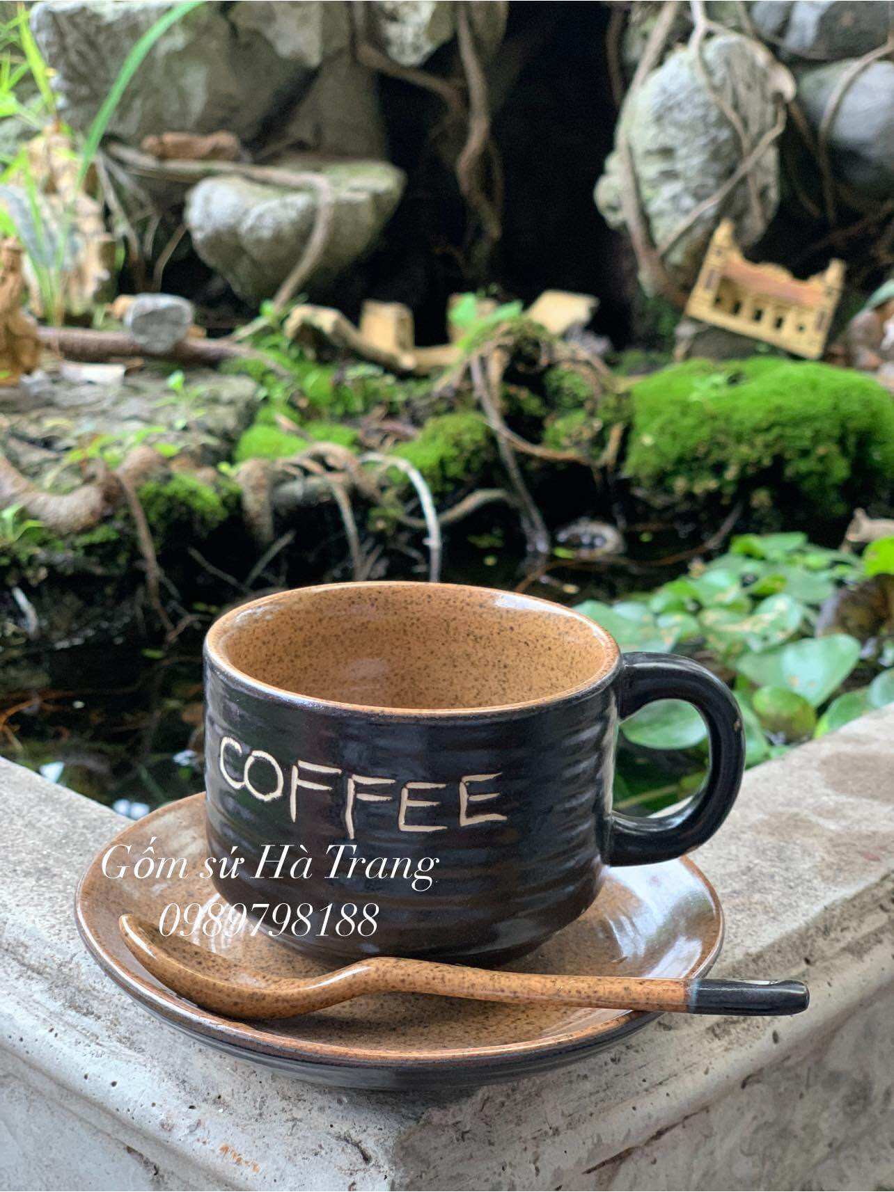 Bộ tách cafe nóng gốm sứ Bát Tràng cao cấp không chì men đen lòng nâu khắc chữ COFFEE dung tích 100ml