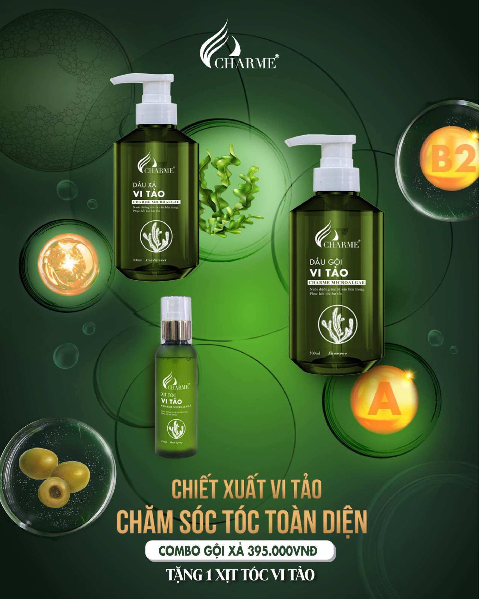 Combo gội xả vi tảo kèm xịt tóc cha.rme( combo 3 món )