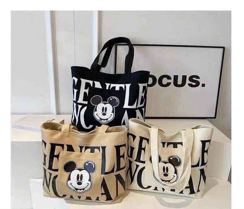 Túi tote đeo vai vải canvas in hình chuột Mickey size lớn 40cm có khoá kéo tiện lợi