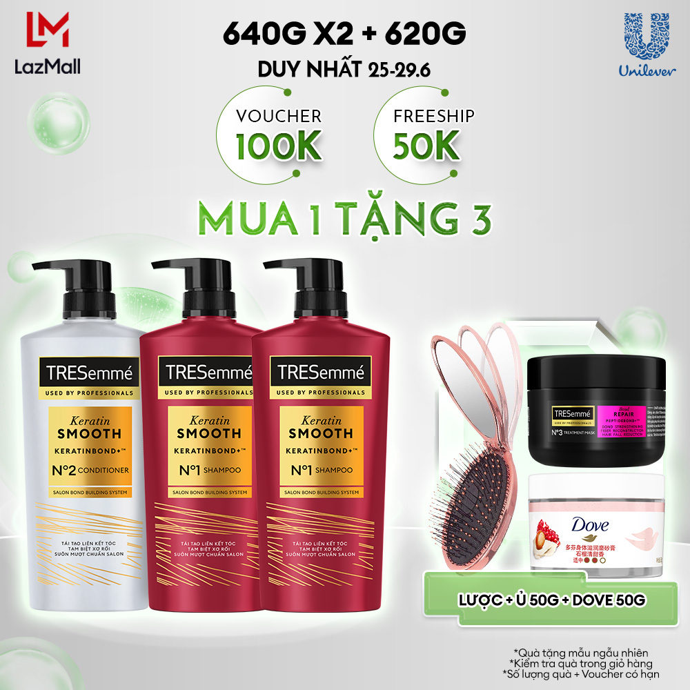 Combo 2 Dầu Gội Và 1 Dầu Xả TRESemmé Keratin Smooth KeratinBond+ Cho Tóc Vào Nếp Suôn Muột (640g X 2 Và 620g)