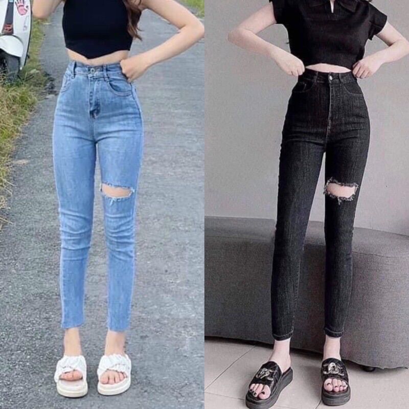 Quần jeans ôm co giãn rách bên đùi