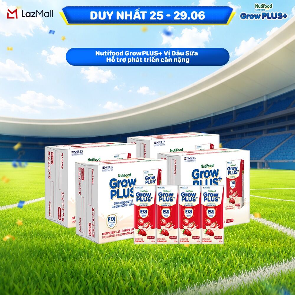 Combo 4 Thùng 24 hộp Sữa bột pha sẵn Nutifood GrowPLUS+ Vị Dâu Sữa hộp 180ml - Hỗ trợ phát triển cân nặng