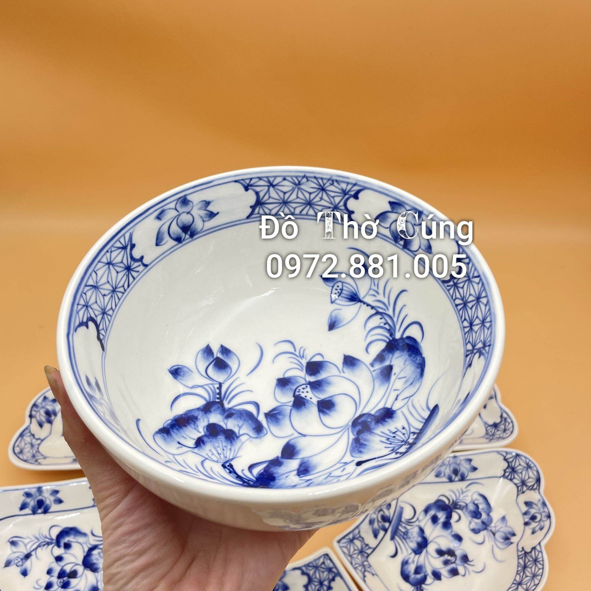 Bộ bát đĩa/Bộ đồ ăn vẽ hoa sen men cổ