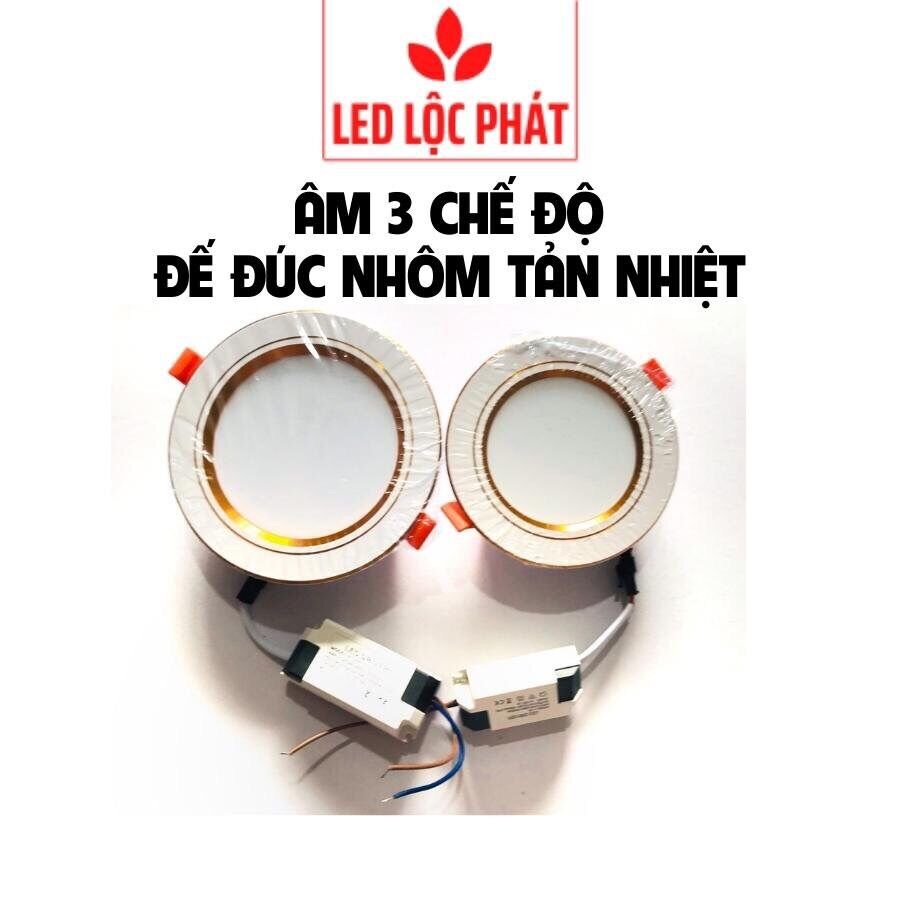 Đèn led âm trần ba chế độ 7w 9w viền vàng, Đèn led viên vàng downlight ba chế độ