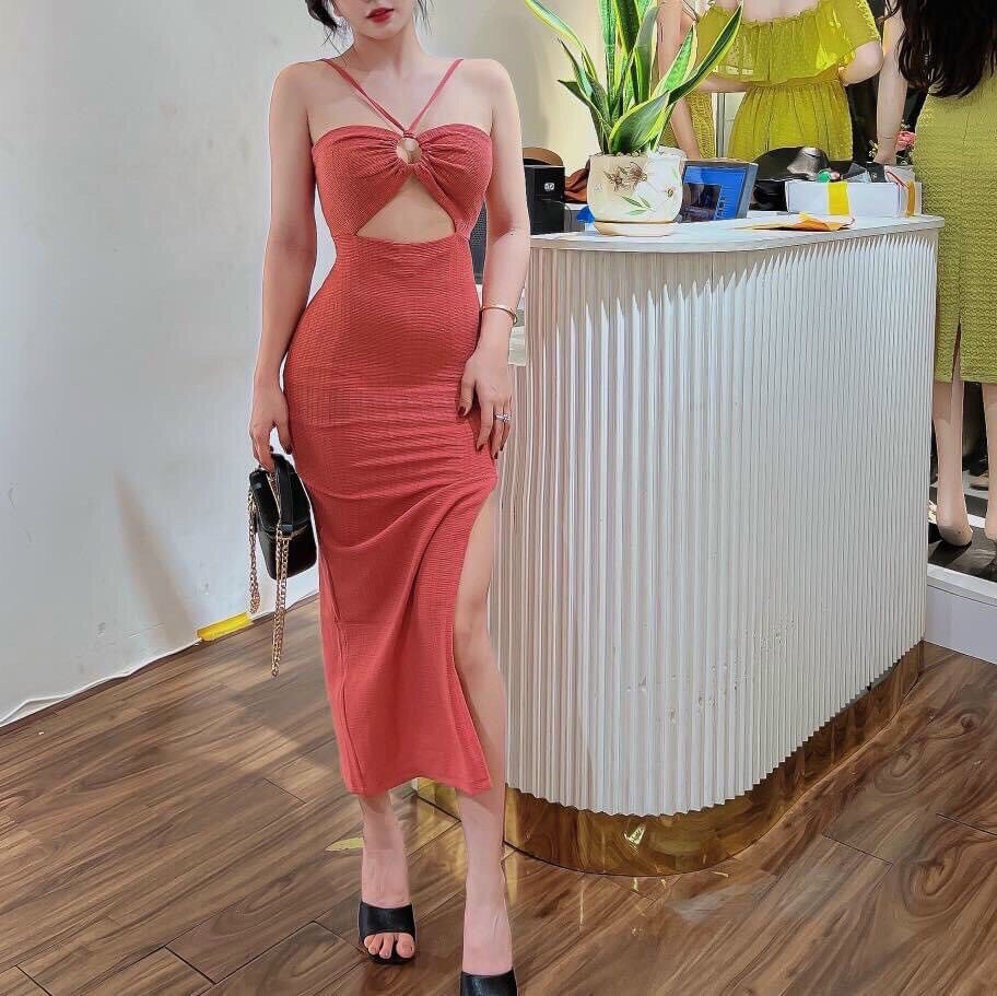 Đầm body cổ cột dây khoét eo xẻ tà CLy