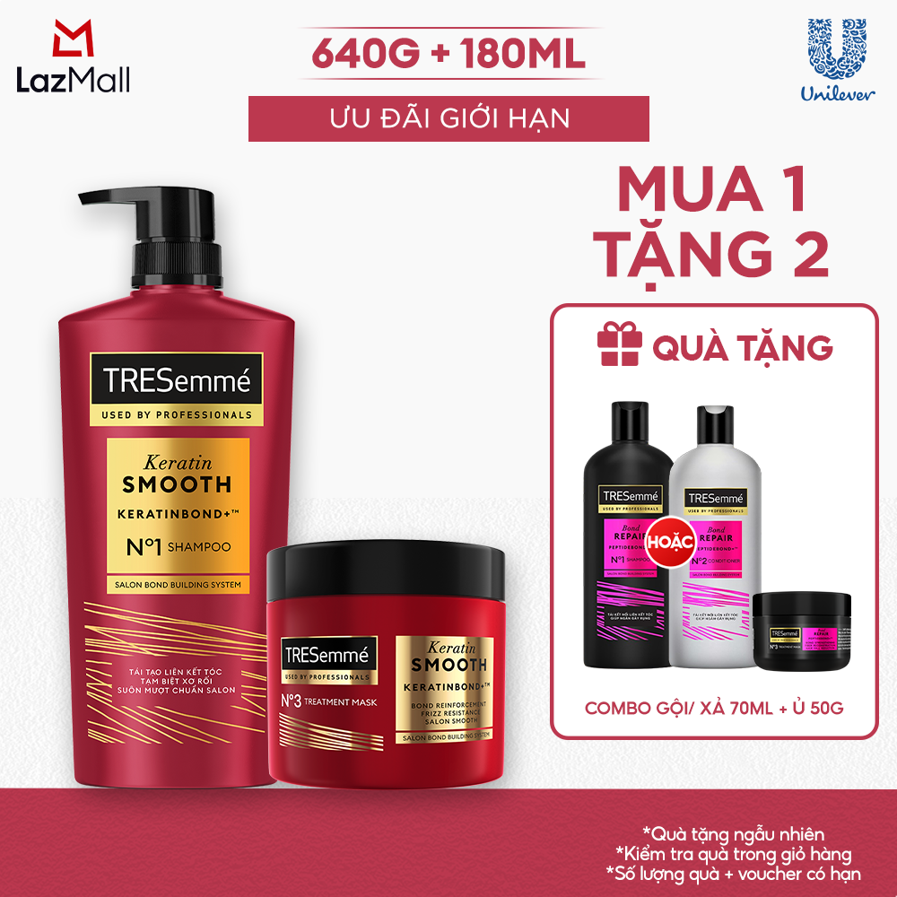 Combo Dầu Gội, Kem Ủ TRESemmé Keratin Smooth Keratinbond+ 640g, 180ml Cho Tóc Khô Xơ Rối Vào Nếp Suôn Mượt