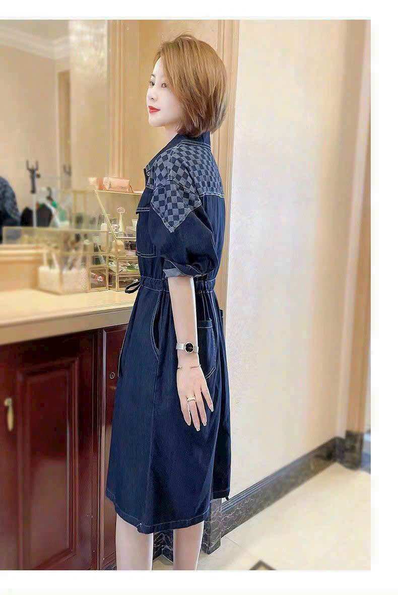 [HCM]ĐẦM JEAN XÒE PHỐI CARO CỔ SƠ MI EO DÂY RÚT