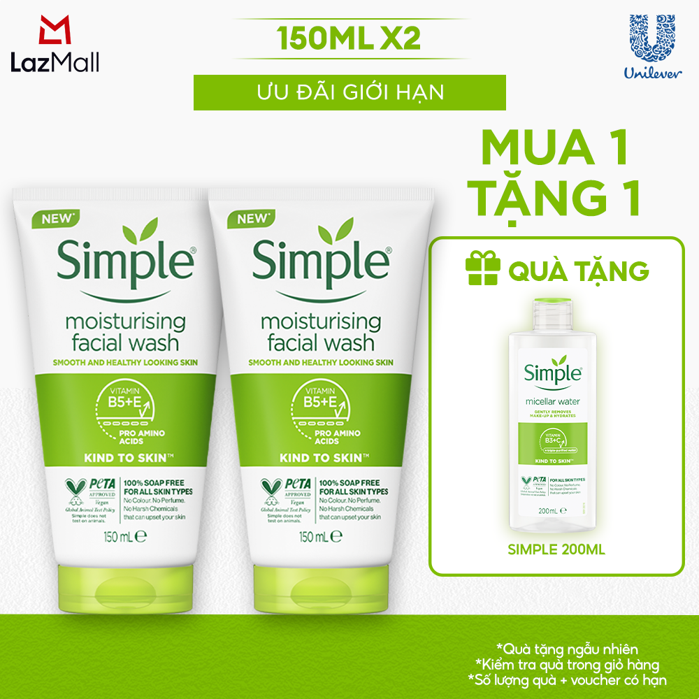 [VC 15% tối đa 70K đơn 399K] Combo 2 Sữa rửa mặt Simple sạch sâu hiệu quả - cho da thường 150ml [CHÍ